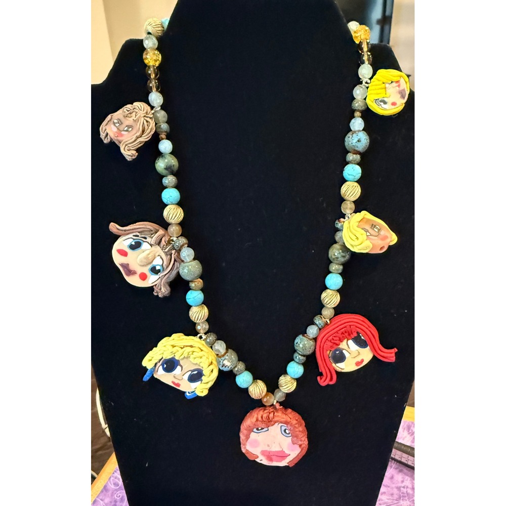Handmade Womens Beaded Charm Necklace Multicolor Polymer Clay Face Art Whimsical